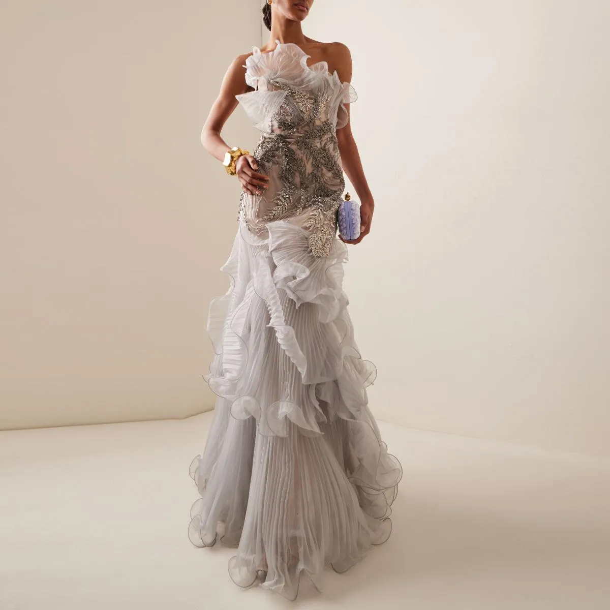 Abiti da ballo a sirena pieghettati impreziositi da cristalli grigi 2024 Couture Ruffles Abito da sera lungo Abiti da cerimonia