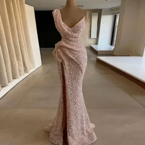 Abiti da sera glitter senza spalline Perline con paillettes Lunghezza del pavimento Abiti da ballo a sirena Abito asimmetrico da