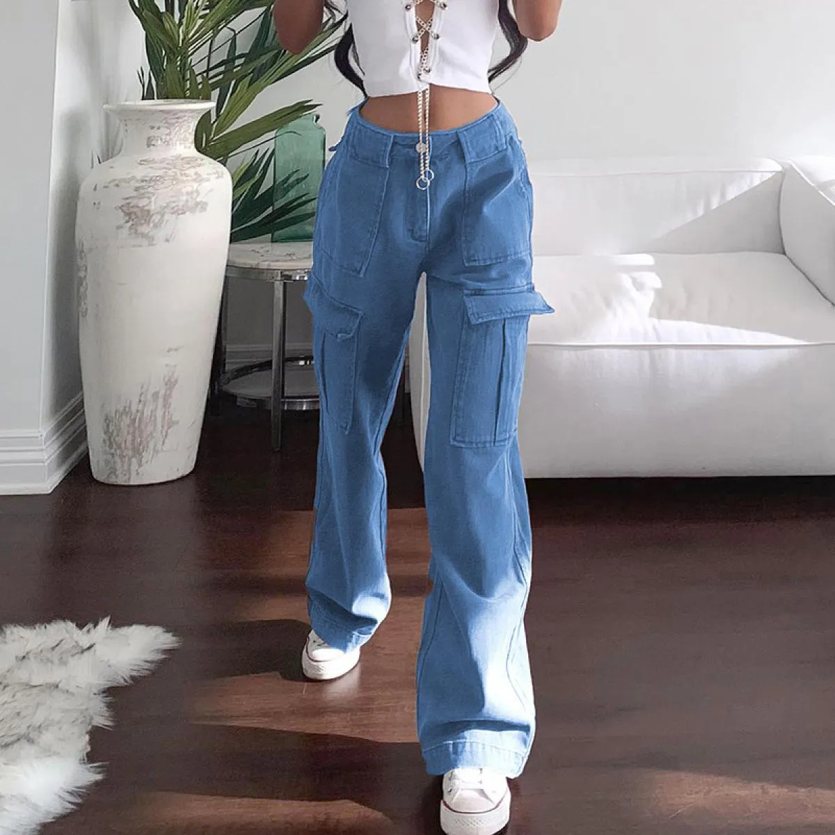 Jeans da lavoro alla moda 2023 Salopette multitasche versatile Pantaloni in denim casual larghi Jeans a gamba dritta Tro in deni