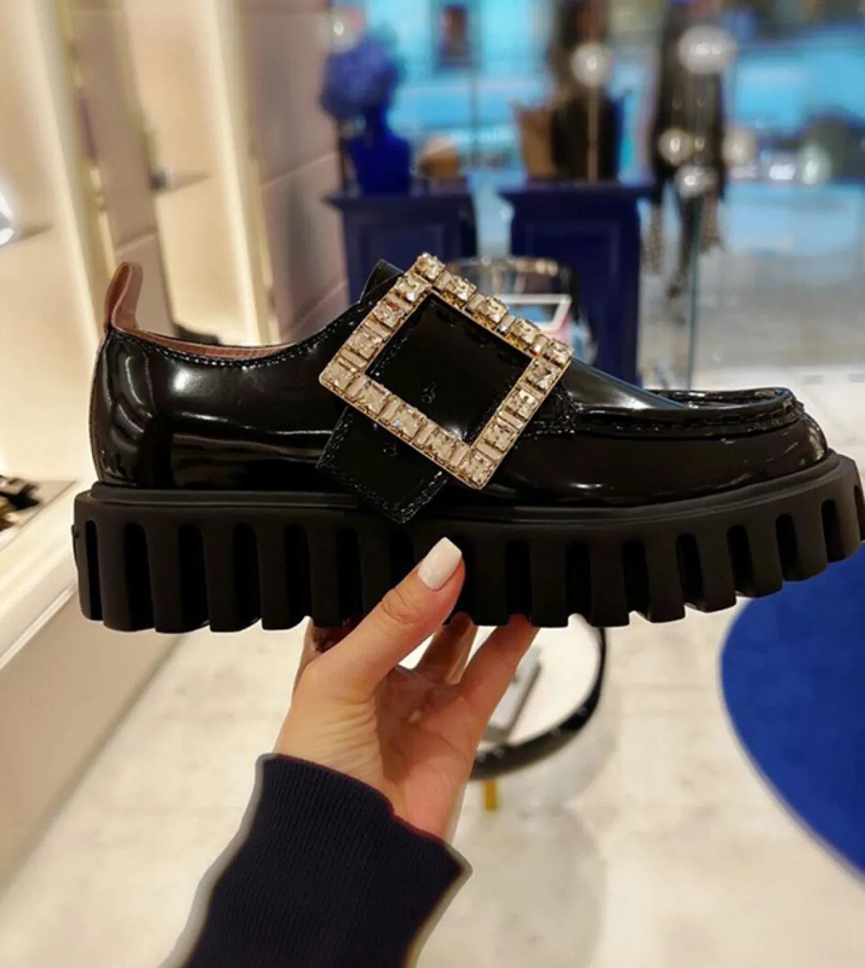 Square Buckle Rhinestone Small Leather Shoes Loafers Shoes Womens New Spring And Autumn 2023 Round Toe Platform Shoes